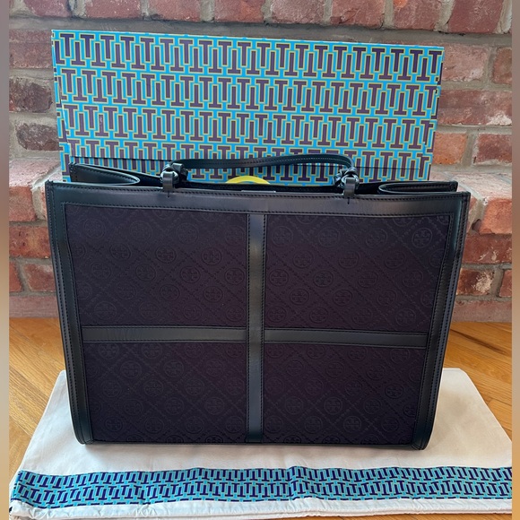 Tory Burch Black Ella T Monogram Quadrant Tote - Picture 2 of 15
